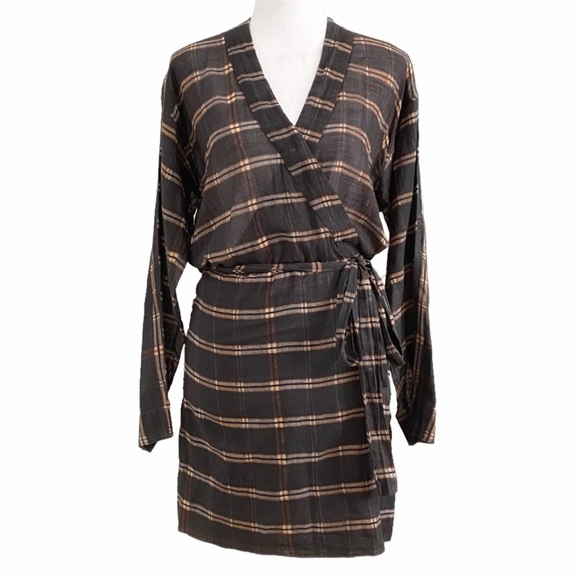 ISABEL MARANT ETOILE MUTED BLACK RED WHITE PLAID FAUX WRAP LONG SLEEVE DRESS - Picture 1 of 8